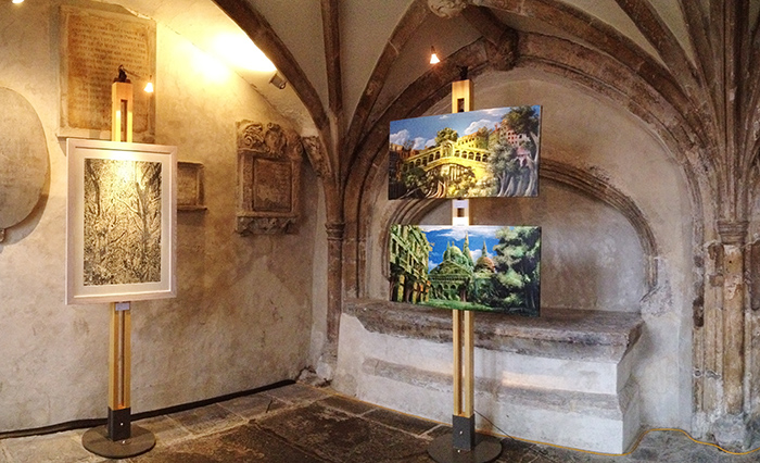 Art Posts exhibiting art in a 13th century crypt